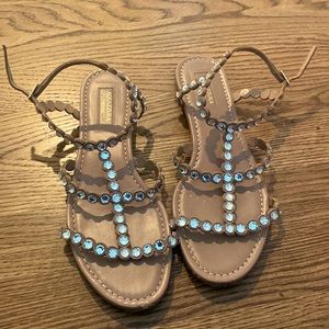 Aquazzura Tequila Crystal-Embellished Leather Flat Sandals in Powder Pink 37.5